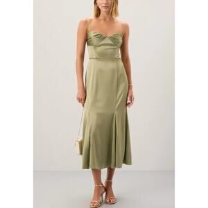 Reformation Artichoke Green Hensley Pleated Satin Dress 12 NEW Sweetheart Neck